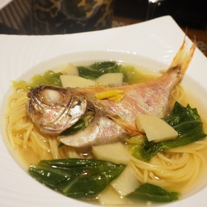 【宮城食材】金目鯛の干物と筍のスープパスタ